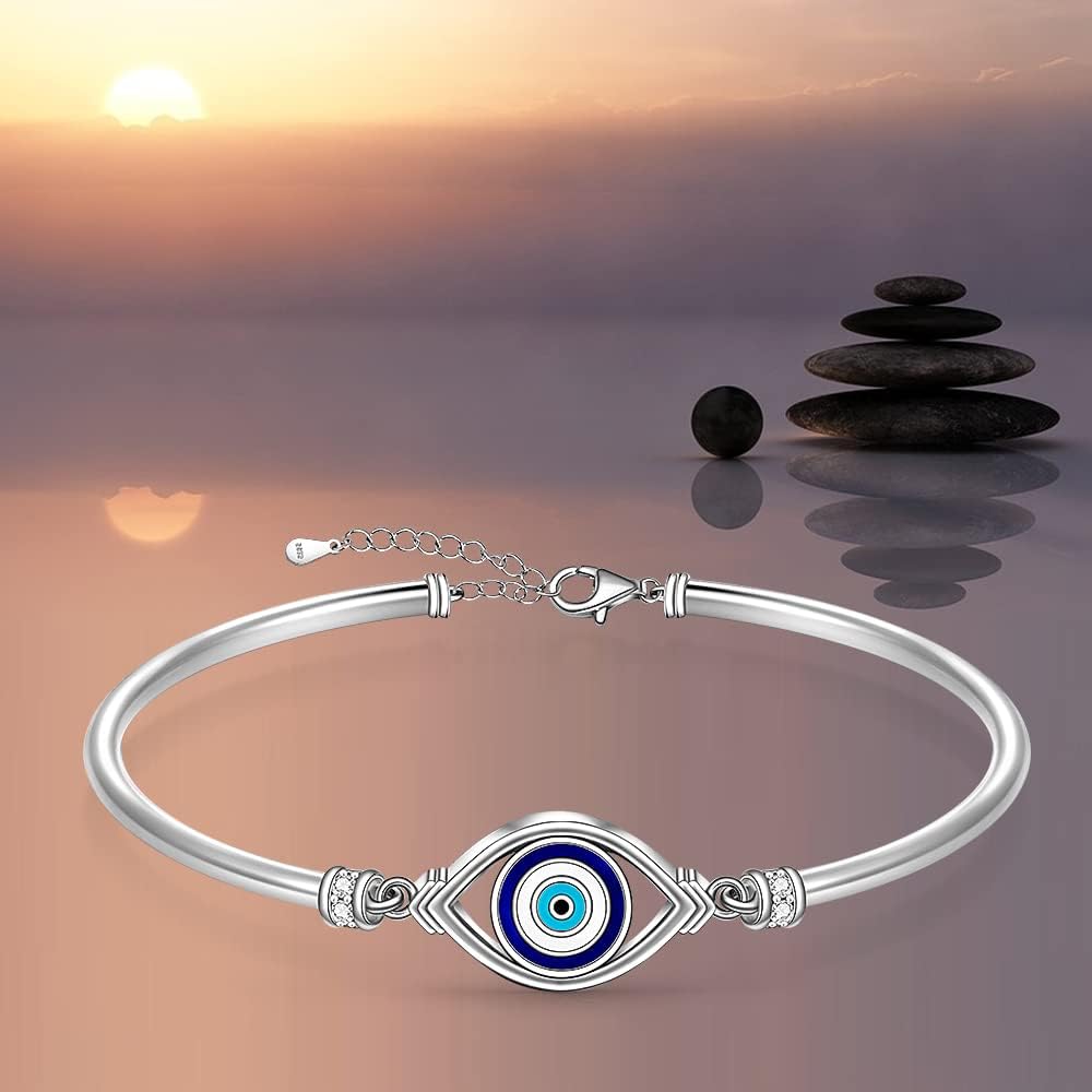 Fenthring Evil Eye Bracelet for Women Sterling Silver Greek Turkish Blue Evil Eye Bangle Bracelets Adjustable Good Luck Protection Jewelry Cute Mothers Day Gifts - Image 6