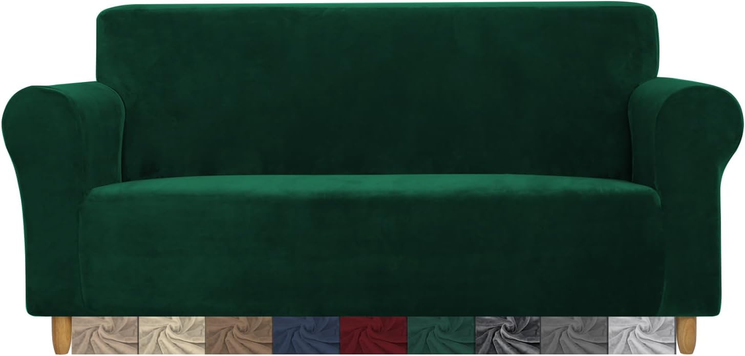 CMAKER Velvet Sofa Covers - 3 Seater Stretch Couch Cover with Non Slip Elastic Bottom - Furniture Protector Sofa Slipcovers for Pets (Dark Green)