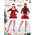 SOMSOC Women Santa Claus Costume Red Velvet Sequin Santa Dress with Belt Hat Striped Tights Gloves Santa Outfit for Christmas - Image 4