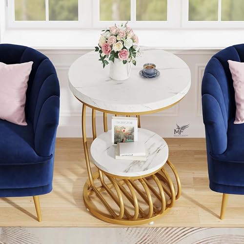 Image of MELVON End Table /Side Table with White Marble Look Engineered Wood Top & Golden Metal Frame, 2 Tier Storage for Living Room, Bedroom, Bedside & Office | Golden & White