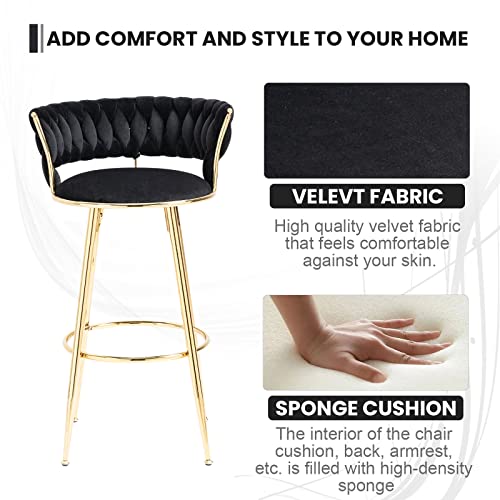 Nioiikit Velvet Bar Stools Set Of 2 With Hand Woven Backrest Design, Adjustable Foot Pads, Upholstered Counter Bar Stool With Golden Legs Bar Chair For Dining Room, Island, Pub, Bar (2, Black) #TOP1