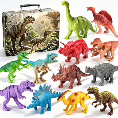 HahaGift Dinosaur Toys for Boys: 12PCS Realistic Dinosaur Figures with Metal Storage Box for Kids Age 2 3 4 Dino Game Toys for 2 3 4 5 Year Old Boys Birthday Gifts