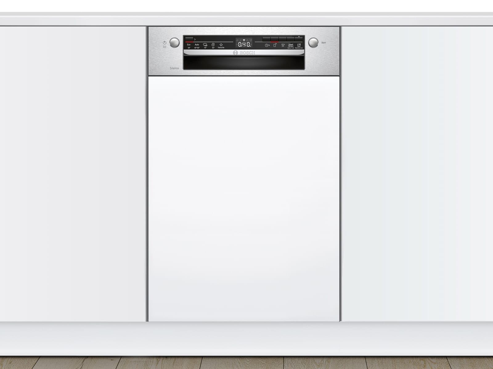 Bosch Lavavajillas SPI2IKS10E Serie 2 parcialmente integrado, F, 45 cm, acero inoxidable, 78 kWh/100 ciclos, 9 MGD, secado extra, cesta para cubiertos Vario, Home Connect