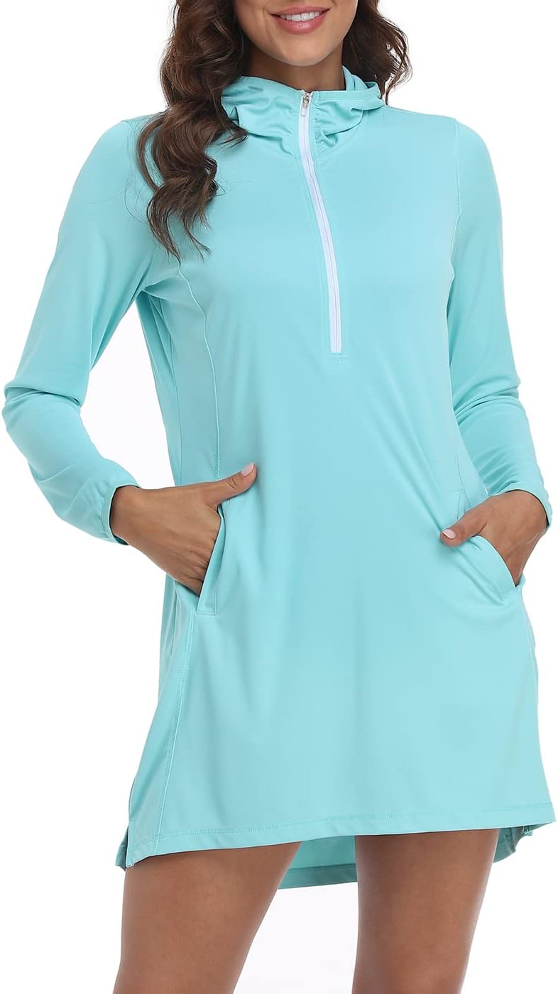 HDE Beach Coverups for Women UPF 50 Long Sleeve Swim Cover Up Dress with Hood Quick Dry Sun Protection Tunic with Pockets