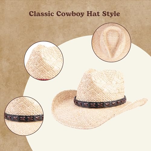 Image of Straw Cowboy Hats Cowgirl Hat Western Cowboy Hat Rancher Hat for Men Women, Exquisite Decoration Band