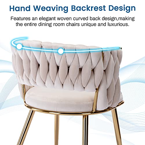KCC Modern Velvet Dining Chairs Set of 2, Upholstered Living Room Chair with Woven Back and Golden Metal Legs, Mid-Century Accent Side Chair for Living Dining Room, Kitchen, Beige - Thumbnail 6