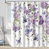 ZCHOMI Purple Butterfly Shower Curtain Purple Floral Butterflies Shower Curtains for Bathroom Spring Summer Waterproof Fabric Washable Bath Curtain 72 x 72 Inch with 12 Hooks