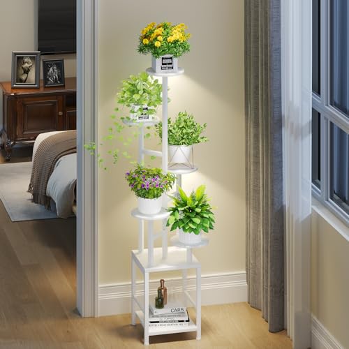 Image of Homsorout Plant Stand Indoor with Grow Light, 6-Tiered Tall Plant Stand Indoor, Metal Plant Shelf with Hanging Basket Hook and Adjustable Light, Ideal for Living Room, Garden, Round Patio white