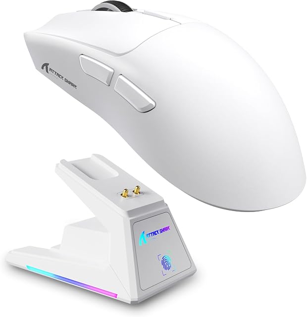 Attack Shark X1 Wireless Gaming Mouse with RGB Charging Dock, PAW3950 PRO Sensor Up to 40K DPI,53g Ultralight Tri-Mode Computer Mice,1KHz Polling Rate 5 Programmable Buttons for Win/Mac-White