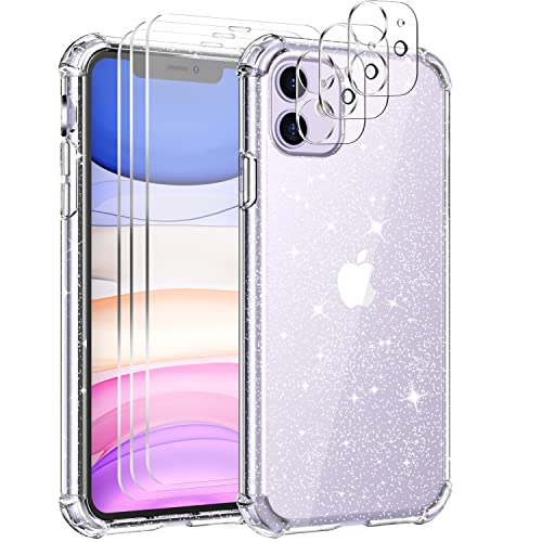 Guscase Hülle Kompatibel mit iPhone 11 mit 3 Stück Schutzfolie und 3 Stück Kameraschutz, Stoßfeste Kratzfeste Schutzhülle Glitzer Transparent Ultradünn Weiche Silikon TPU Handyhülle für iPhone 11 Cover