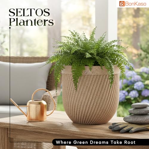 Image of Bonkaso 12 Inch Seltos Ribbed Planter for Indoor & Outdoor Use | Round Heavy Duty Polymer Flower Pot | Lightweight Weather Resistant Modern Gamla for Living Room Balcony & Terrace (Beige)