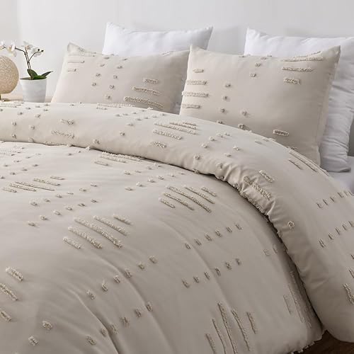 Miniatura 1 de Juego de funda de edredón tamaño King, suave y ligero, con bordado desgastado chic para todas las estaciones, juego de cama bohemio de 3 piezas de