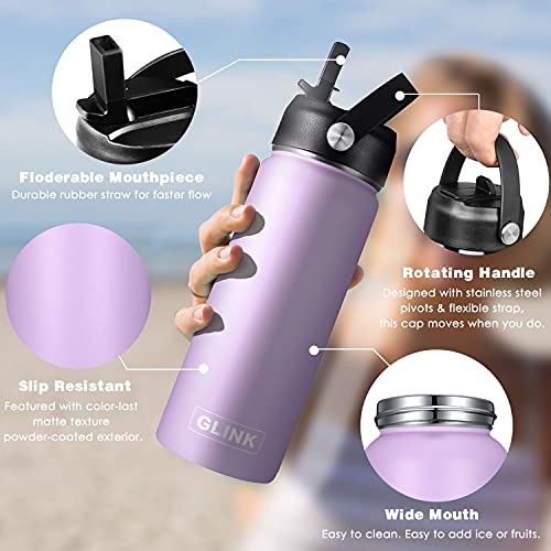 Glink Stainless Steel Water Bottle with Straw, 40 oz Wide Mouth Double Wall Vacuum Insulated Water Bottle Leakproof, Straw Lid and Spout Lid with New Rotating Rubber Handle - Thumbnail 2
