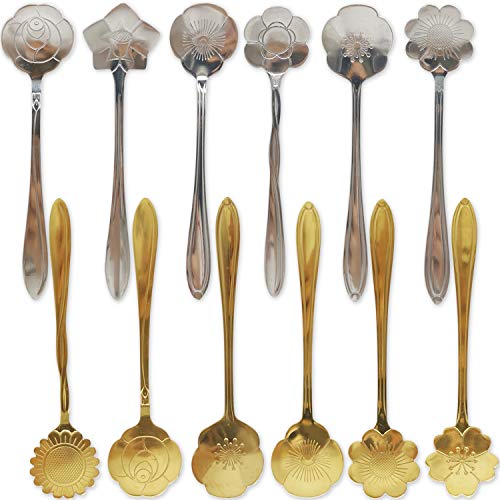TIHOOD 16PCS Stainless Steel Flower Coffee Spoon Dessert Spoon Sugar Spoon Ice Cream Spoon Stirring Spoon Tea Spoon Milkshake Spoon Set for Tableware Kitchen, Cafe or Bar (Silver and Gold)