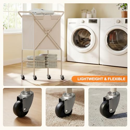 Image of Laundry Basket with Wheels:88L Rolling Laundry Cart Foldable Metal Frame Dirty Clothes Laundry Hamper 36 inchH 4 Caster 2 Brake Waterproof Removable Liner Carry Handle for Dorm Laundry Room,Cream