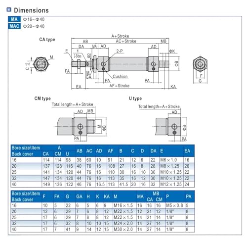 Vérin pneumatique Type MA 40x175 mini cylindre air comprimé
