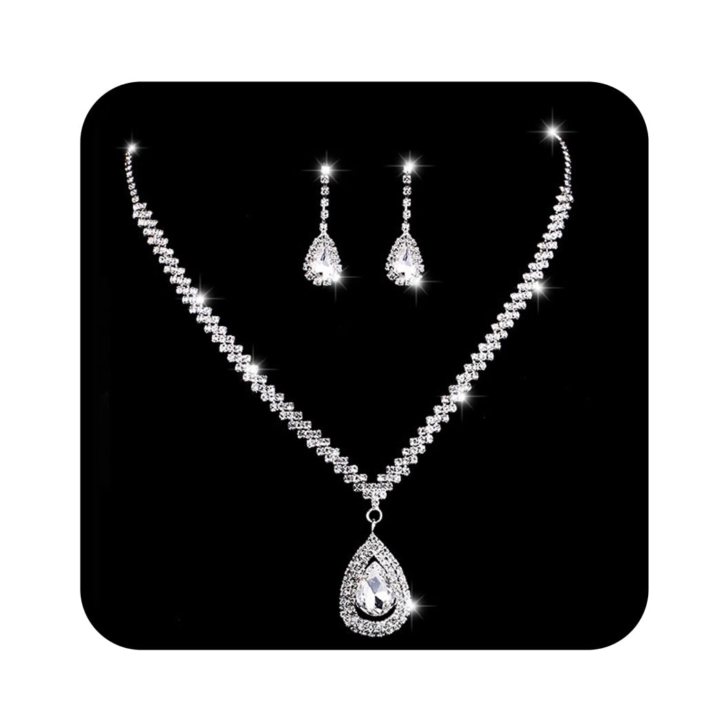 Ushiny Conjuntos de joyas de boda para novia, Juego de joyas de cristal de plata, collar y pendientes con diamantes de imitación para mujeres y niñas