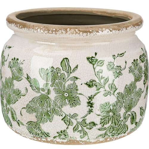 Ninehaoou 4.7' Small Ceramic Plant Pot Beige Green Vintage Floral Crackle Glaze Rustic Flowers Pot Decorative Planter with Drainage for Indoor Outdoor Plants Home Kitchen Office Decor Gift