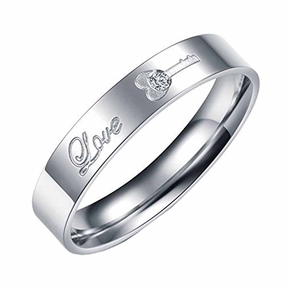 Bystar Fashion Jewelry Lock&Key Love Inlay Rhinestone Stainless Steel Promise Couple Ring-Lady's Ring;Size 7