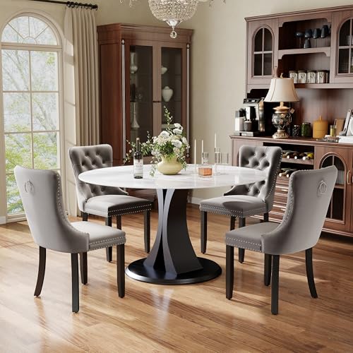 Image of 5-Piece Dining Table Set with 47In Faux Marble Table and 4 Velvet Upholstered Chairs, Modern Scandinavian Furniture for Dining Room Kitchen(Gray)
