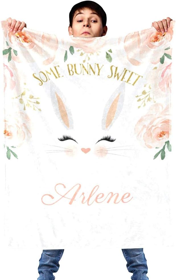 Bunny Floral Pink Personalized Receiving Baby Blankets for Girls Boys Kids with Name,Customized Swaddle Blankets Gift for Newborn Crib Infants 30x40 Inches