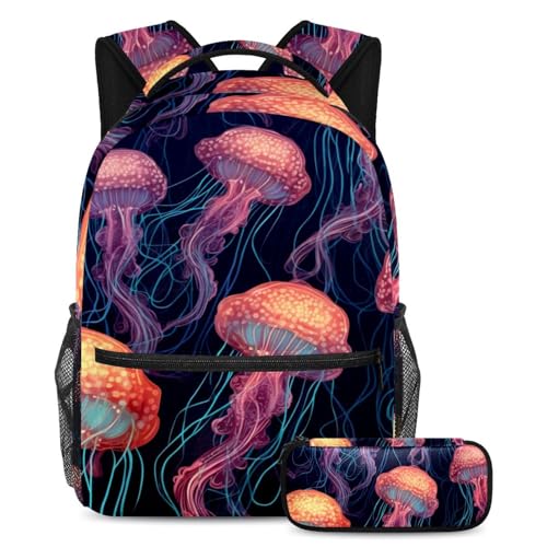 Sac à dos motif méduse colorée grand format avec trousse assortie pour ados