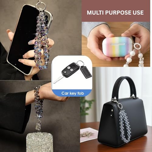 Image of Phone Charm with Beaded Chain | Acrylic Phone Strap for Mobile Keys & Bags | Decorative Wrist Strap | Lanyard Charms | Keychain Accessory for Women Girls (Crystal-Blue)