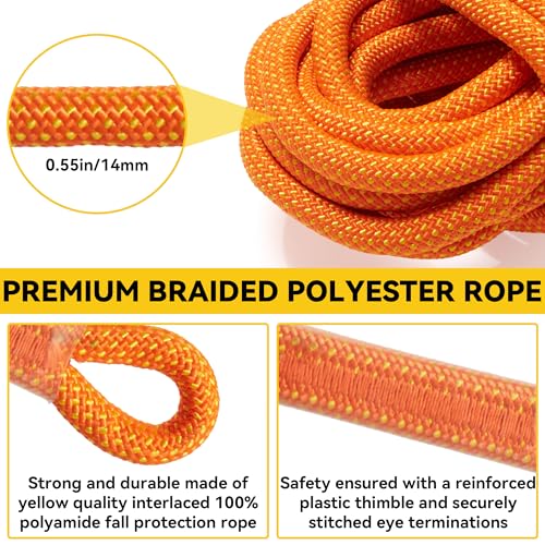WXYSYHR Fall Protection Safety Rope 50FT Roofing Harness Safety Lanyard Tree Climbing Line Kit with Alloy Steel Grab Snap Hooks Shock Absorber Heavy Duty Roof Safety Equipment ANSI CE