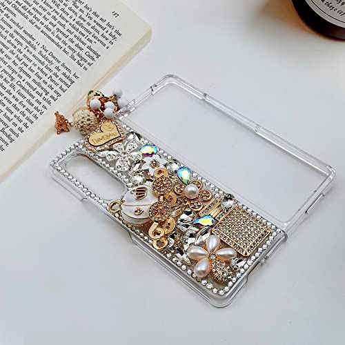 Omio For Samsung Galaxy Z Fold 4 5G Case, Luxury 3D Handmade Sparkle Rhinestone Iron Tower Pendant Pumpkin Car Flowers Crystal Diamond Bling Glitter Hard Pc Case For Galaxy Z Fold 4 Women Girls, White #TOP4