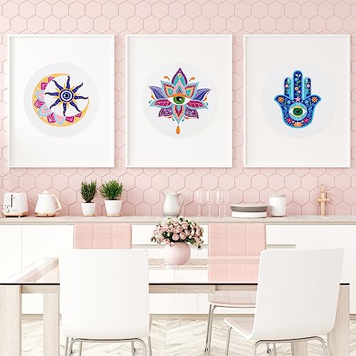 Image of Louise Maelys 3 Set Tarot Evil Eye Embroidery Kits for Beginners,Adults Starter Cross Stitch Kit DIY Needlepoint with Hamsa Hand Sun Moon louts Flower Pattern