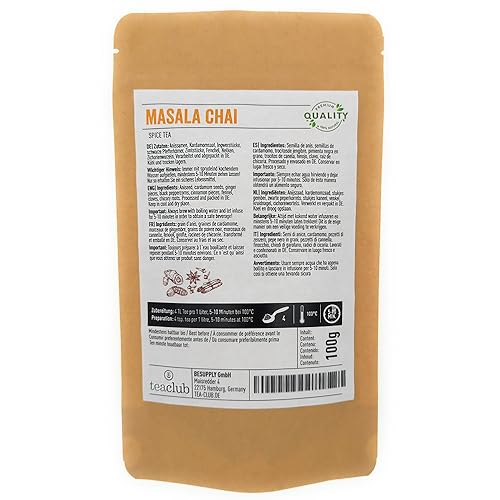 Masala Chai Tee Lose Gewürzmischung 100g, Indische Gewürze für Chaitee oder Chai-Latte, 100% Natürlich nicht Aromatisiert, TeaClub Tea