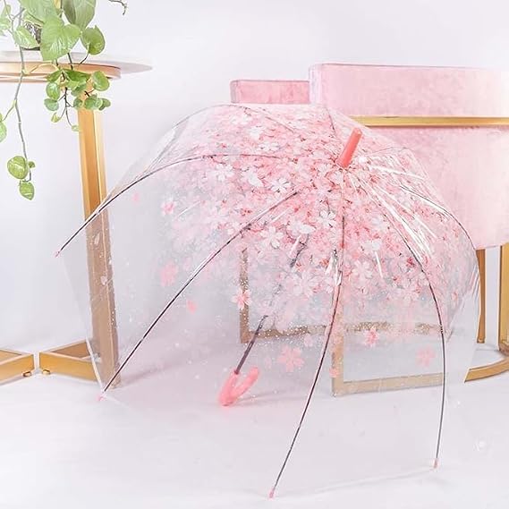 Clear Cherry Blossoms Umbrella,Clear J Hook Handle Stick Umbrella,Transparent Umbrellas Wedding,Pink Bubble Umbrellas for Kids and women