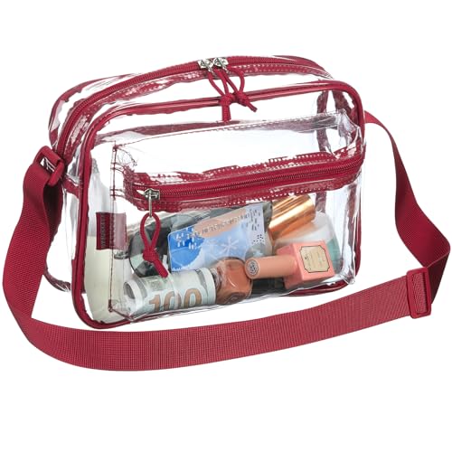 Image of Red Clear Crossbody Bag Stadium Approved，Transparent Messenger Purse concerts see through Pastic with front pocket Adjustable Strap