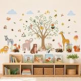 Wandtattoo Waldtiere Baum,Wandaufkleber mit Giraffe,Elefant,Eichhörnchen & Füchse,Tier Wandsticker für Kinderzimmer Babyzimmer Schlafzimmer Wanddeko