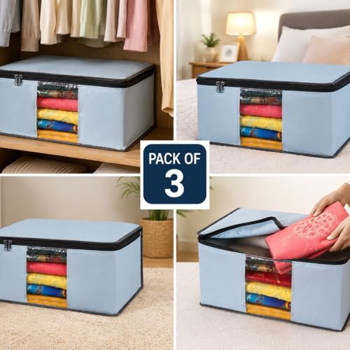 Image of Woven Foldable Saree Cover /Cloth Storage Bag /Wardrobe Organizer with Zip & Transparent Window For Lehenga, Shirts, Salwar Suits, Dress & Accessories 3 Non Woven