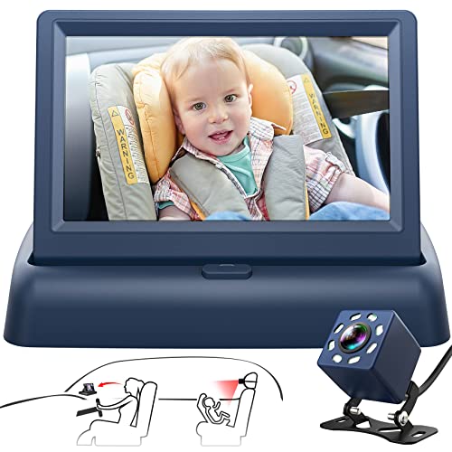 Image of Baby Car Mirror, 4.3'' HD Night Vision Function Car Mirror Display, Safety Car Seat Mirror Camera Monitored Mirror with Wide Crystal Clear View, Aimed at Baby, Easily Observe the Baby’s Move