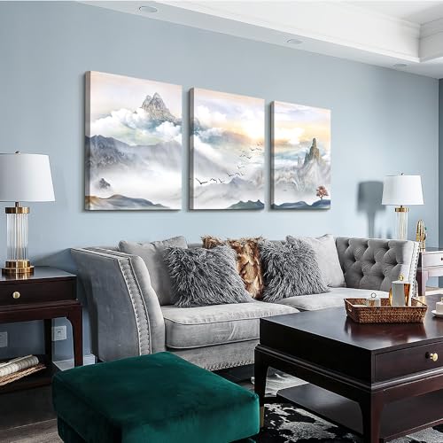 DZRWUBHS Large Canvas Wall Art For Living Room Wall Decor For Bedroom Bathroom Office Decor Mountain Abstract Paintings Landscape Prints Artwork Modern Framed Home Decorations Ready to Hang 3 Piece