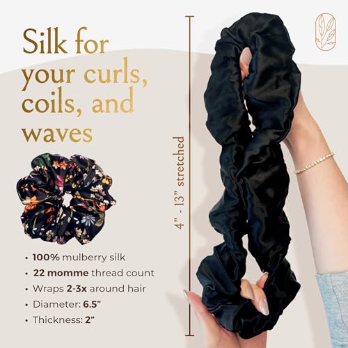 Image of Silk Scrunchies Ponytail Holders - Oversized Mulberry Silk Scrunchies - Extra Large No Damage Hair Ties for Curly, Thick, and Thin - Hair Accessories for Women - Midnight Blooms, XL By Curlfriend