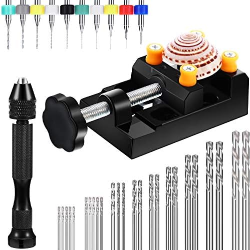 37 Pieces Hand Drill Tool Set Include Pin Vise Hand Drill with Miniature Drill Micro Mini Twist Drill Bit and Bench Vice for Craft Carving Resin Keychain Jewelry Making(0.3-1.2 mm PCB Drill)