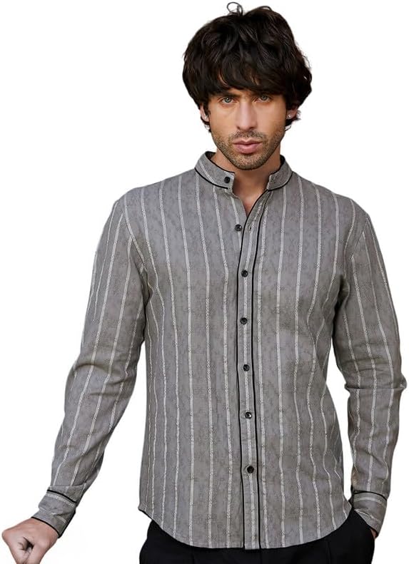 CAHOOT Men Shirt | Mandarin Collar, Long Button-Cuff Sleeves | Button, Curved Hem | Stripes Jacquard-Stripes Woven Fabric for Casual | Coin Grey