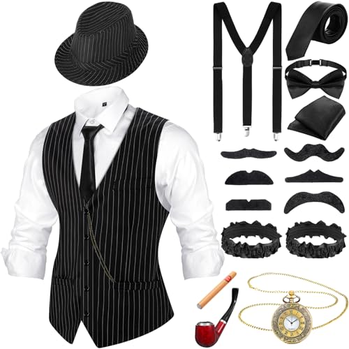 Neer Disfraz de los años 20 para hombre, con accesorios, chaleco de gángster, sombrero de Fedora, reloj de bolsillo vintage, pajarita y tirantes y accesorios (rayas negras y blancas, talla L)