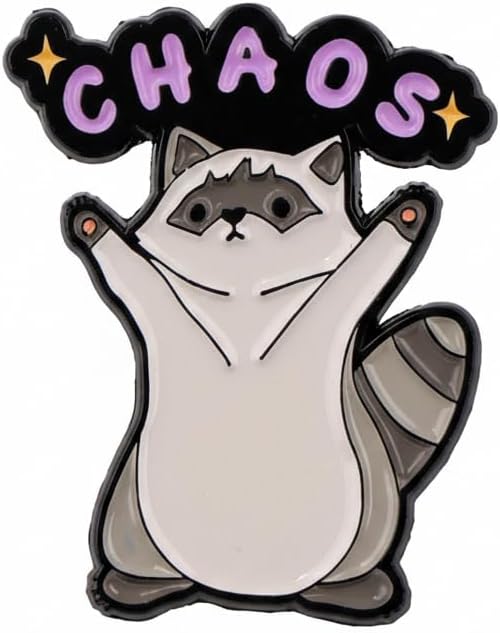 Cute Cartoon Raccoon Pin - Funny Enamel Pins Brooch with "CHAOS" for Backpacks, Jackets, Hats. Humor Animal Brooches Gift for Friends, Teens, Adults，Women.