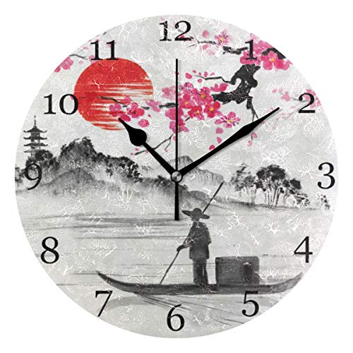 AUUXVA XMCL Vintage Japanese Fisherman Wall Clock Silent Non Ticking Round Clock for Bedroom Living Room Office Home Decor