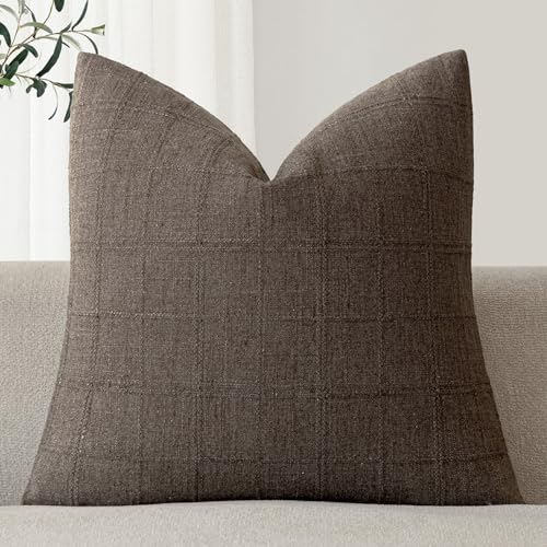 Image of Foindtower Set of 1 Decorative Linen Check Throw Pillow Cover Neutral Farmhouse Vintage Cushion Cover Modern Boho Home Decor for Sofa Chair Couch Bedroom Living Room,24x24 Inch,Dark Brown