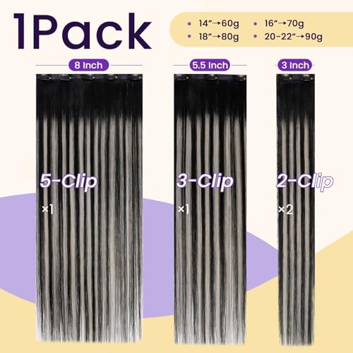 Image of LaaVoo Seamless Clip in Hair Extensions Black Balayage Silver Seamless Hair Extensions Clip in Ombre Black to Silver Grey Balayage Human Hair Clip on Extension 18Inch 4pcs 90g