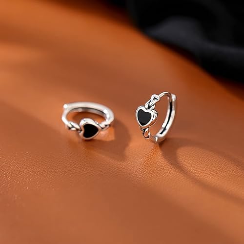 Miniatura 5 de SLUYNZ Aretes de aro de plata de ley 925 con forma de corazón negro para mujeres, adolescentes y adolescentes
