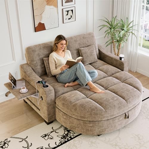 Image of 60 inch Loveseat Chaise Lounge Chair with Ottoman, Tufted Chenille Chaise Sofa with Storage & Adjustable Back / Side Table / USB Charging, Cozy Reading Lounge Chair and A Half for Living Room, Office, Khaki