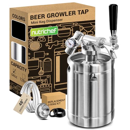 NutriChef Pressurized Growler Tap System, 64oz Stainless Steel Mini Keg...