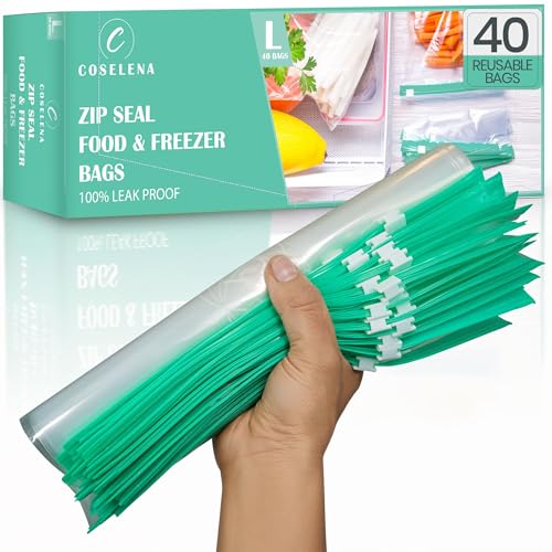Coselena 40 PCS Freezer Bags - Zip Lock Bags One Gallon (4.55L) - Airtight Slider Reusable Freezer Bag, Durable & Leak-Proof Zip Lock Food Storage, Large Ziplock w/Expandable Bottom