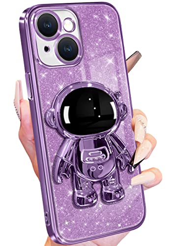 Buleens For Iphone 14 Plus Case Astronaut, Clear Cases For Iphone 14 Plus With Glitter Paper & Spaceman Stand, Women Girls Cute Electroplated Sparkly Space Phone Cover For 14 Plus Purple #TOP22